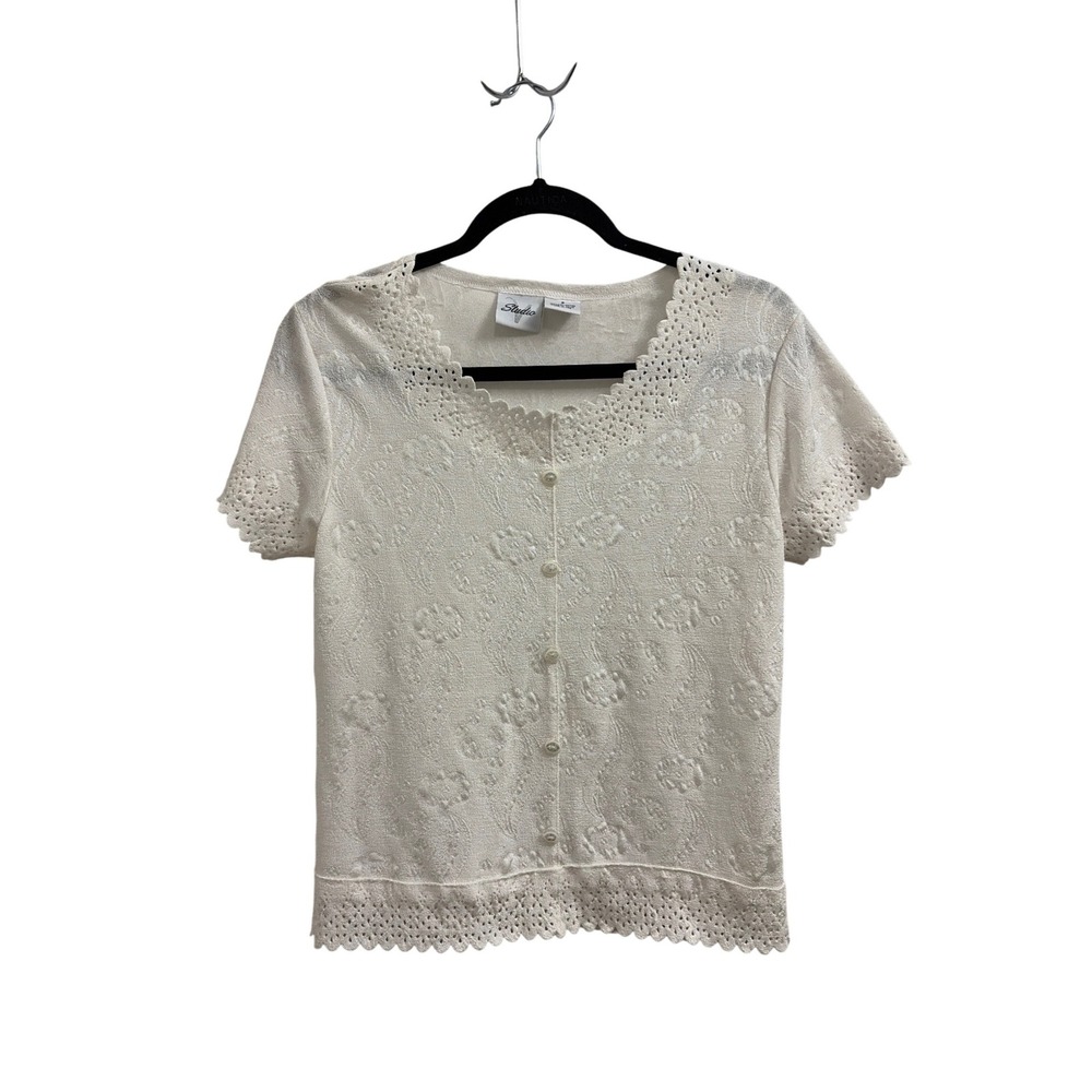 Cardigan Eyelet Studio Women Small White Good Scallop Floral Sparkle Button Top